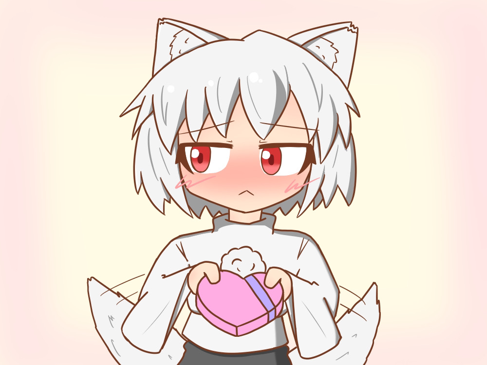 1girl, :<, animal_ear_fluff, animal_ears, averting_eyes, black_skirt, blush, box, box_of_chocolates, commentary, embarrassed, gradient_background, heart-shaped_box, holding, holding_box, inaba-no-sirousagi, inubashiri_momiji, long_sleeves, looking_to_the_side, nose_blush, pink_background, pom_pom_(clothes), raised_inner_eyebrows, red_eyes, shirt, short_hair, skirt, solo, tail, tail_wagging, touhou, upper_body, valentine, white_hair, white_shirt, wide_sleeves, wolf_ears, wolf_girl, wolf_tail, yellow_background