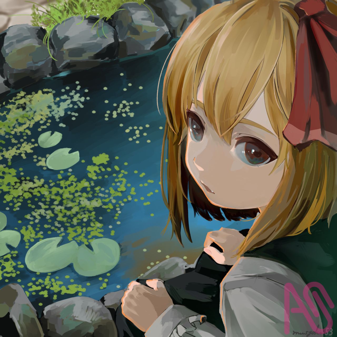 1girl, black_dress, black_eyes, blonde_hair, bow, dress, fang, grass