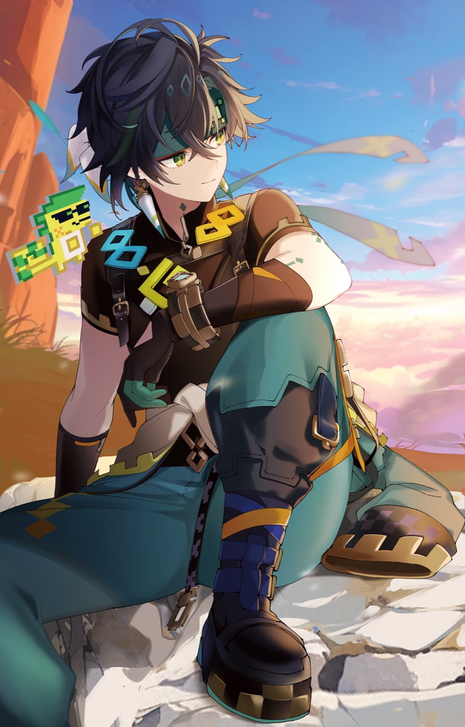 1boy, ajaw_(genshin_impact), antenna_hair, aqua_gloves, aqua_headband, aqua_pants, aqua_ribbon, arm_support