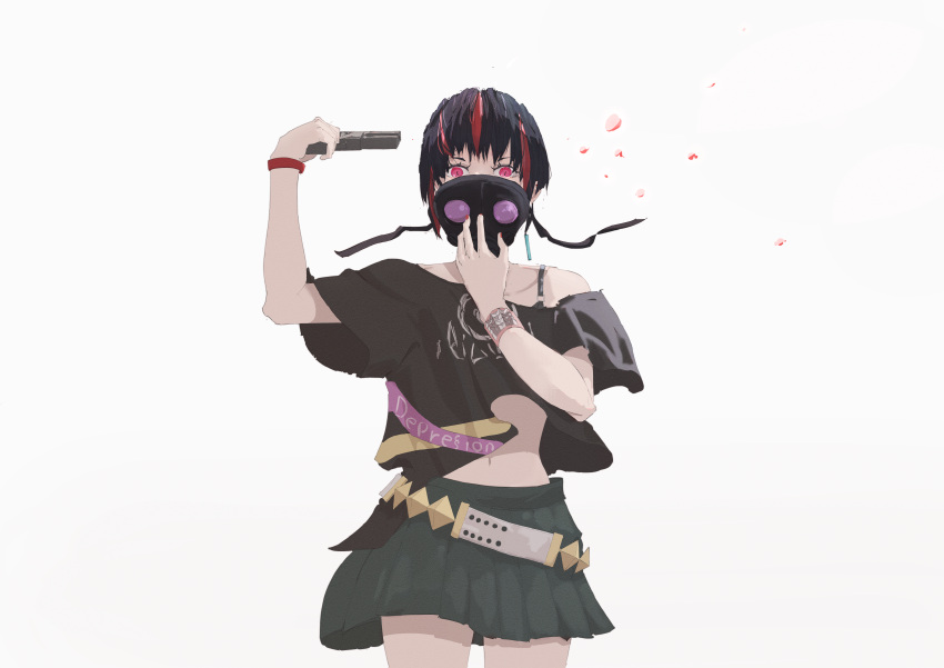 1girl, absurdres, black_hair, gas_mask, gun_to_head, guratanchikin, heaven_burns_red, highres, looking_at_viewer, mask, mikoto_fubuki, multicolored_hair, off-shoulder_shirt, off_shoulder, red_hair, shirt, short_hair, sidelocks, solo, streaked_hair, suicide