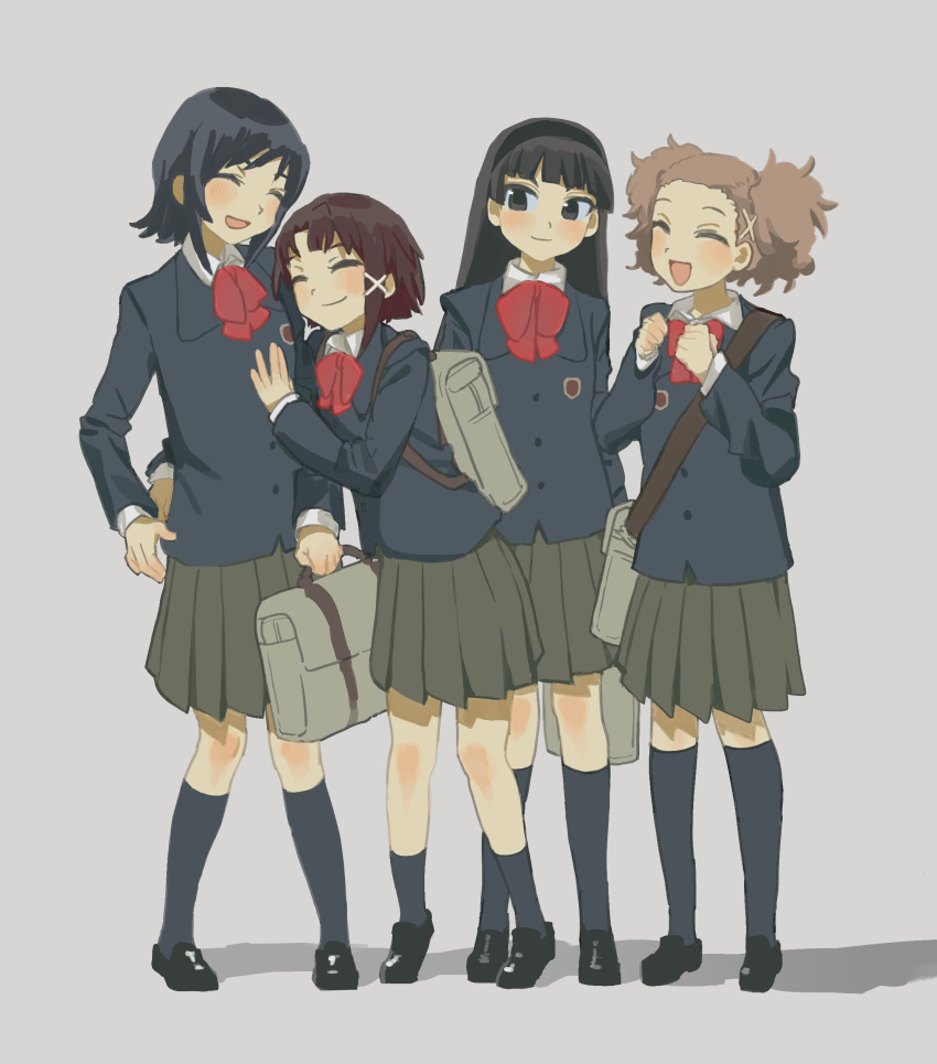 4girls, :d, absurdres, asymmetrical_hair, bag, black_headband, black_shoes, blue_socks