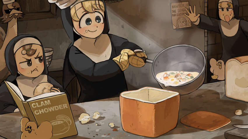 3girls, bird, blonde_hair, blue_eyes, book, bread, brown_eyes, brown_hair