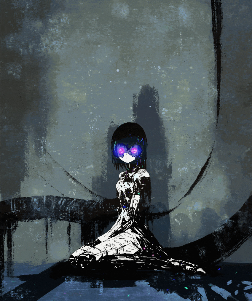 1girl, animated, animated_gif, artificial_eye, black_hair, commentary, concrete, cyberpunk