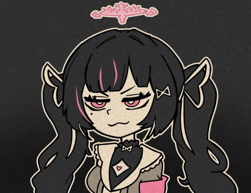 1girl, black_hair, bow, frills, h@nk, hair_ornament, hair_ribbon, heart