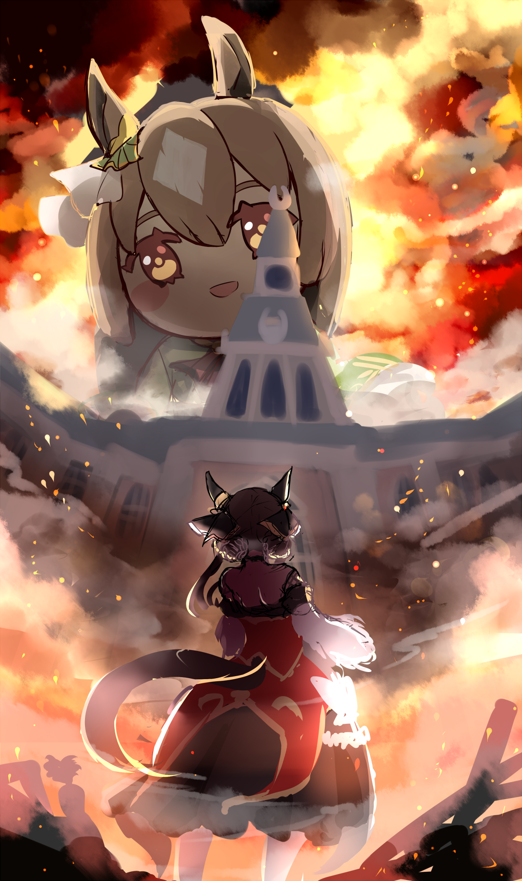 2girls, animal_ears, brown_eyes, brown_hair, building, clouds, detached_sleeves, doqute_stuffed_doll
