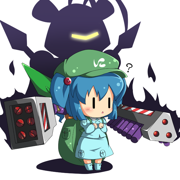 ?, backpack, bag, blue_hair, blush, character_request, chibi, god-emperor, hair_bobbles, hair_ornament, jinnouchi_akira, kawashiro_nitori, medarots, missile, open_mouth, parody, solo, touhou, weapon, |_|