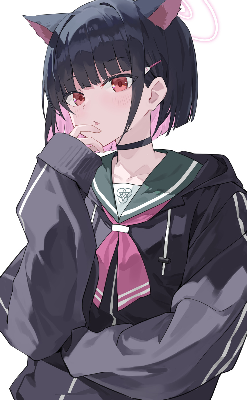 1girl, absurdres, animal_ears, black_choker, black_hair, black_hoodie, blue_archive, cat_ears