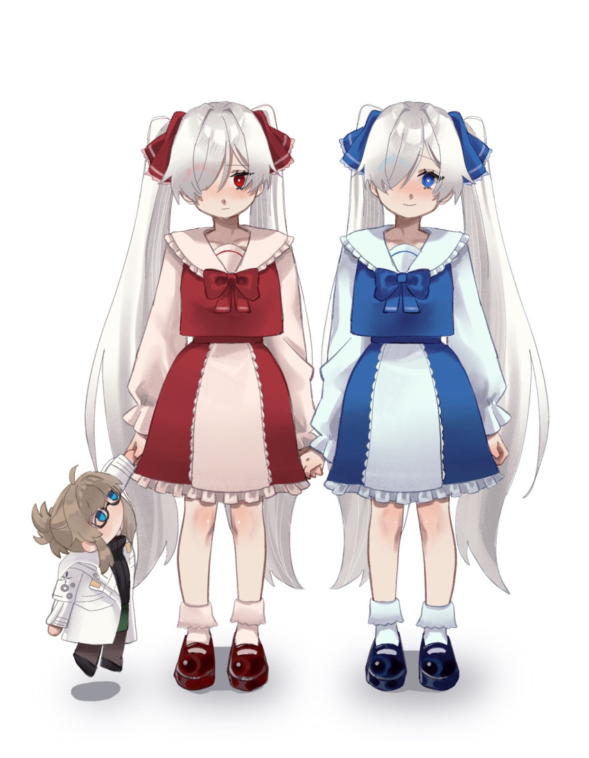 abe_(nikke), aged_down, blonde_hair, blue_eyes, character_doll, child, cinderella_(nikke), coat