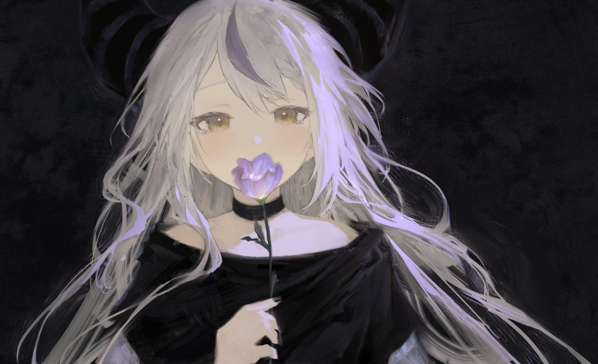 1girl, black_background, black_horns, black_nails, bliss_htt, braid, braided_bangs, collar