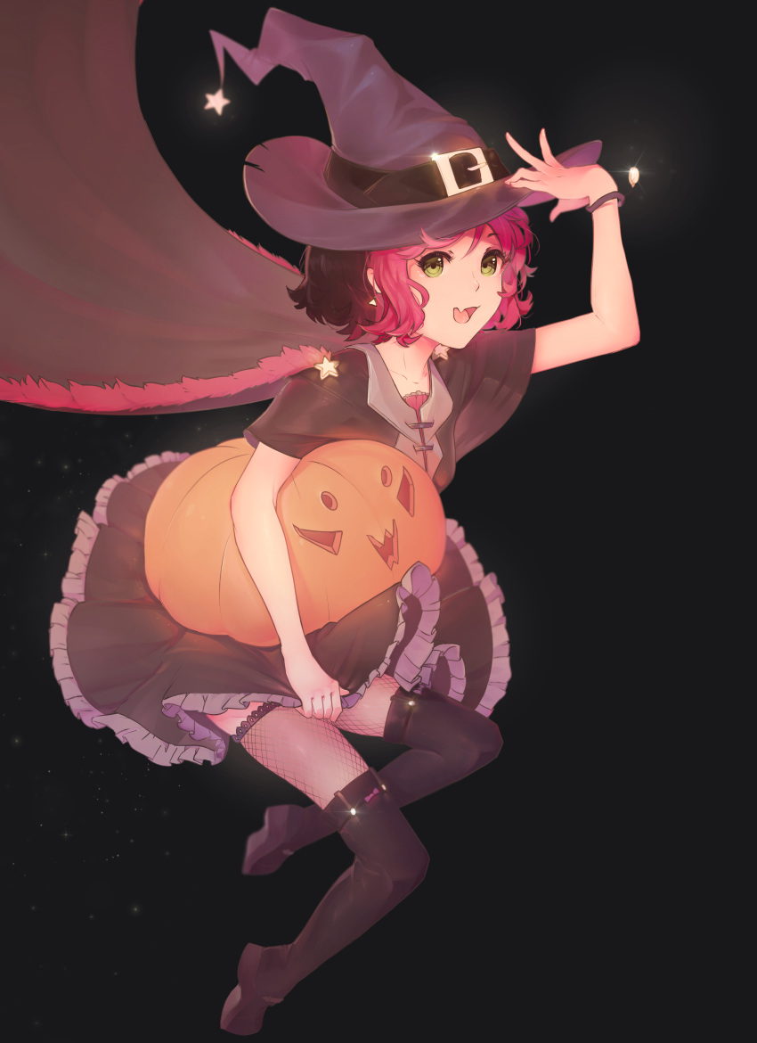 1girl, absurdres, black_background, black_hair, colored_bangs, dress, green_eyes, halloween