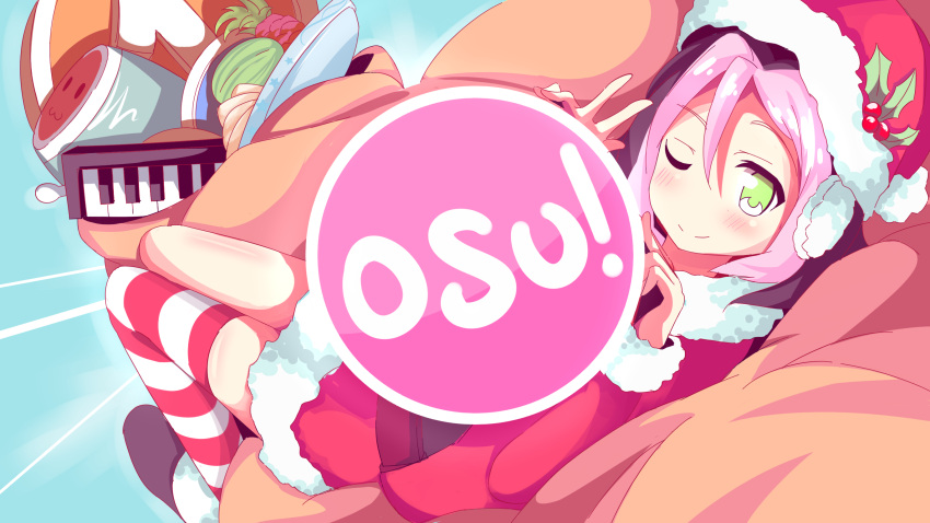 1girl, aqua_background, bag, black_hair, blush, christmas, dress, green_eyes