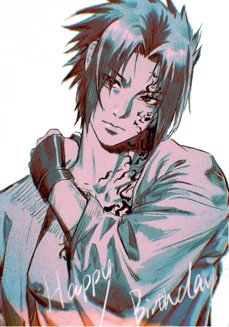 1boy, arm_up, bare_pectorals, body_markings, closed_mouth, collarbone, commentary_request, curtained_hair