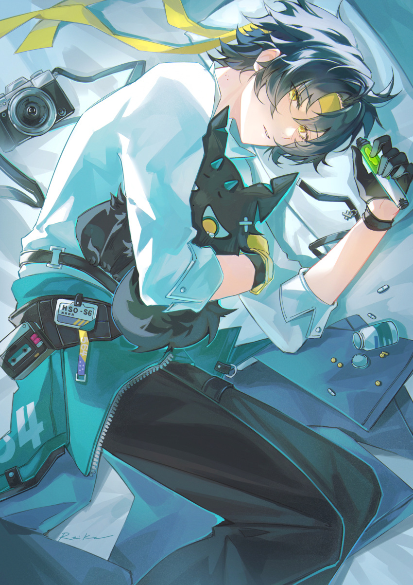 1boy, absurdres, ahoge, aqua_jacket, artist_name, asaba_harumasa, asymmetrical_gloves, bed