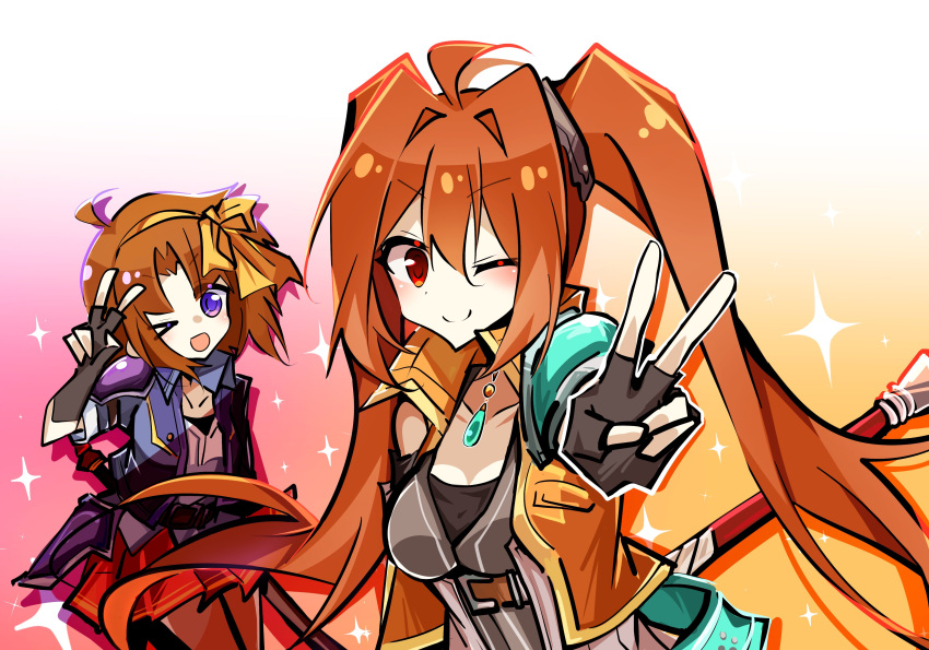 25ocoveryui, 2girls, absurdres, ahoge, anelace_elfead, antenna_hair, armor, black_gloves