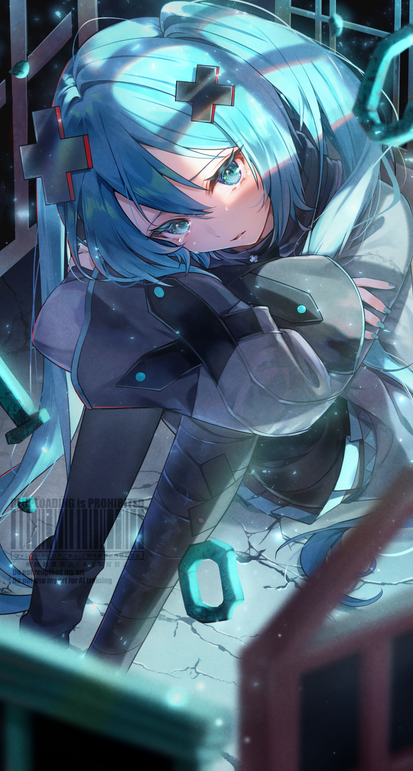 1girl, bandaged_leg, bandages, black_pantyhose, black_skirt, blue_eyes, blue_hair, blue_nails, commentary_request, crying, crying_with_eyes_open, hair_ornament, hatsune_miku, highres, knees_up, kyashii_(a3yu9mi), light_particles, long_hair, long_sleeves, looking_at_viewer, miniskirt, nail_polish, pantyhose, parted_lips, pleated_skirt, sitting, skirt, solo, tears, twintails, very_long_hair, vocaloid, x_hair_ornament