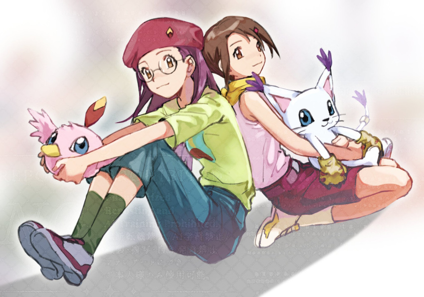 2girls, bandana, bandana_around_neck, blue_eyes, blue_pants, body_fur, brown_eyes, brown_hair, cat, digimon, digimon_(creature), digimon_adventure_02, feathers, full_body, glasses, group_picture, highres, inoue_miyako, long_hair, looking_at_viewer, multiple_girls, pants, pink_feathers, pink_shirt, poromon, purple_hair, red_shorts, round_eyewear, shirt, short_hair, shorts, tail, tail_ornament, tail_ring, tailmon, watermark, white_fur, yagami_hikari, yellow_bandana, yue_da02ren