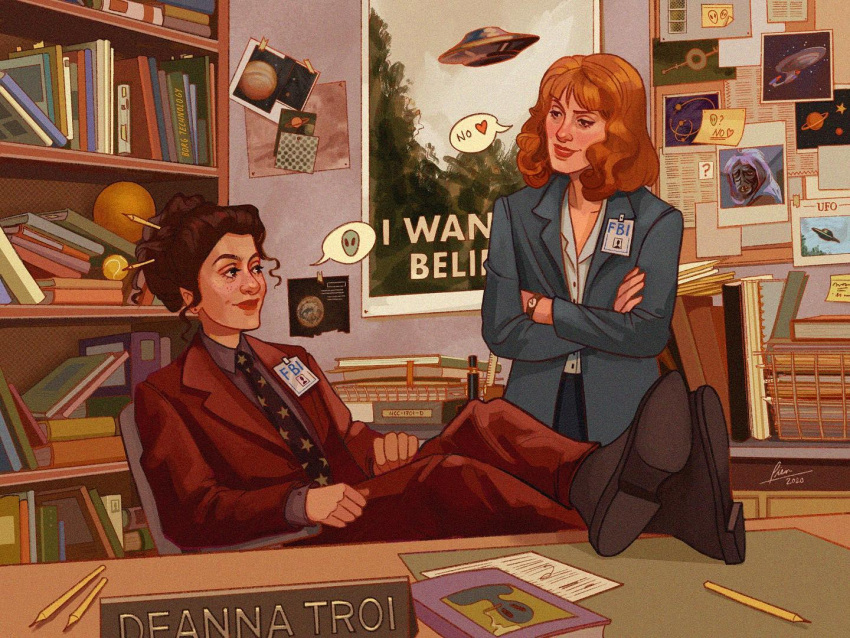 2girls, alien, artist_request, book, book_stack, chair, character_request, cosplay