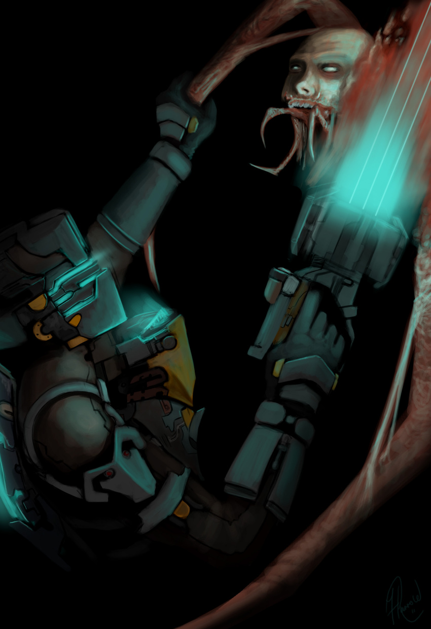 armor, creature, dead_space, dead_space_2, gun, highres, isaac_clarke, monster