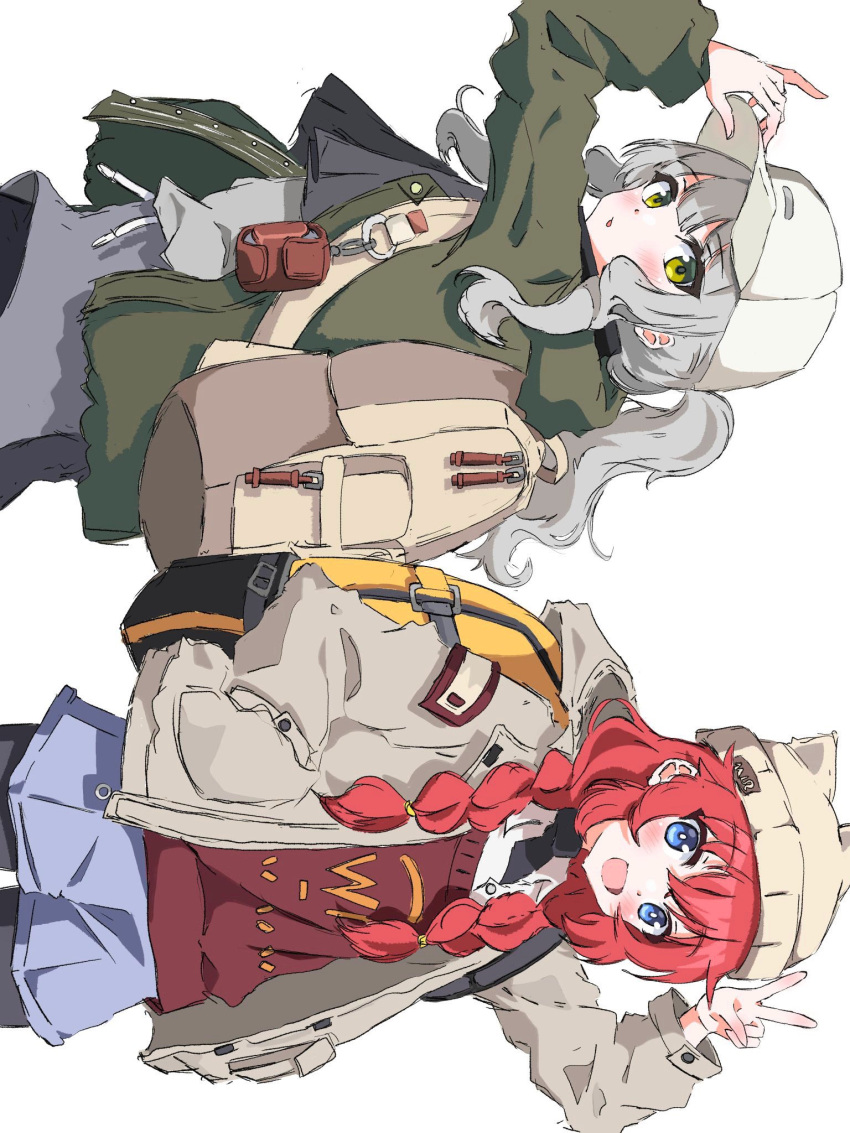 2girls, adjusting_clothes, adjusting_headwear, amanotti_01, arm_up, backpack, bag, beanie