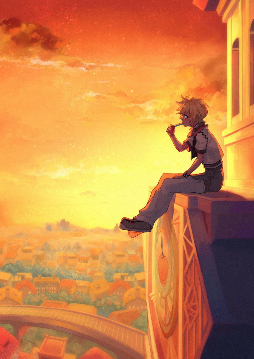 1boy, backlighting, blonde_hair, blue_eyes, bridge, checkered_clothes, chinese_commentary, clock