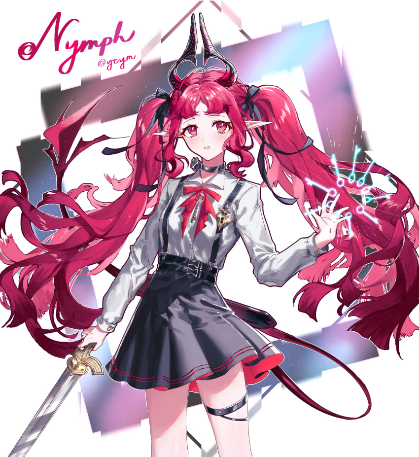 1girl, :d, absurdres, alternate_costume, alternate_hairstyle, arknights, artist_name, belt, black_ribbon, black_skirt, blush, character_name, collar, collared_shirt, dated, hair_ribbon, highres, holding, holding_sword, holding_weapon, horns, key, long_hair, long_sleeves, looking_at_viewer, neck_ribbon, nymph_(arknights), open_mouth, pointy_ears, red_eyes, red_hair, red_ribbon, ribbon, shirt, sidelocks, skirt, smile, solo, suspender_skirt, suspenders, sword, thigh_strap, twintails, very_long_hair, weapon, white_background, white_shirt, yoruyume