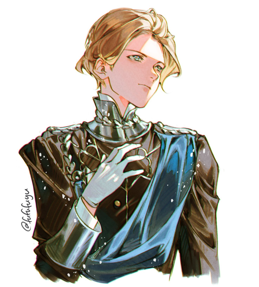 1boy, aiguillette, alt_text, blonde_hair, blue_eyes, closed_mouth, cropped_arm, cropped_torso
