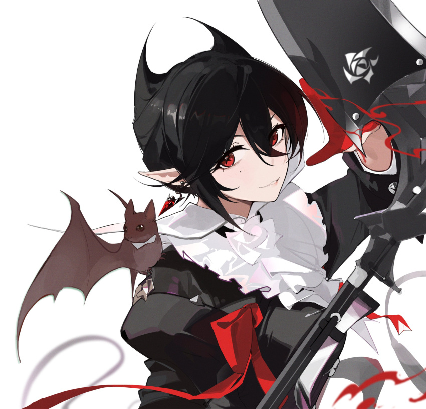 1girl, animal_on_shoulder, arknights, bat_(animal), black_dress, black_hair, dress, earrings, entelechia_(arknights), flower, frilled_shirt_collar, frills, gloves, highres, jewelry, juliet_sleeves, long_sleeves, looking_at_viewer, parted_lips, pointy_ears, puffy_sleeves, red_eyes, red_gloves, rose, scythe, short_hair, siguma_(13238772100), simple_background, smile, solo, star-shaped_pupils, star_(symbol), symbol-shaped_pupils, upper_body, white_background, white_flower, white_rose