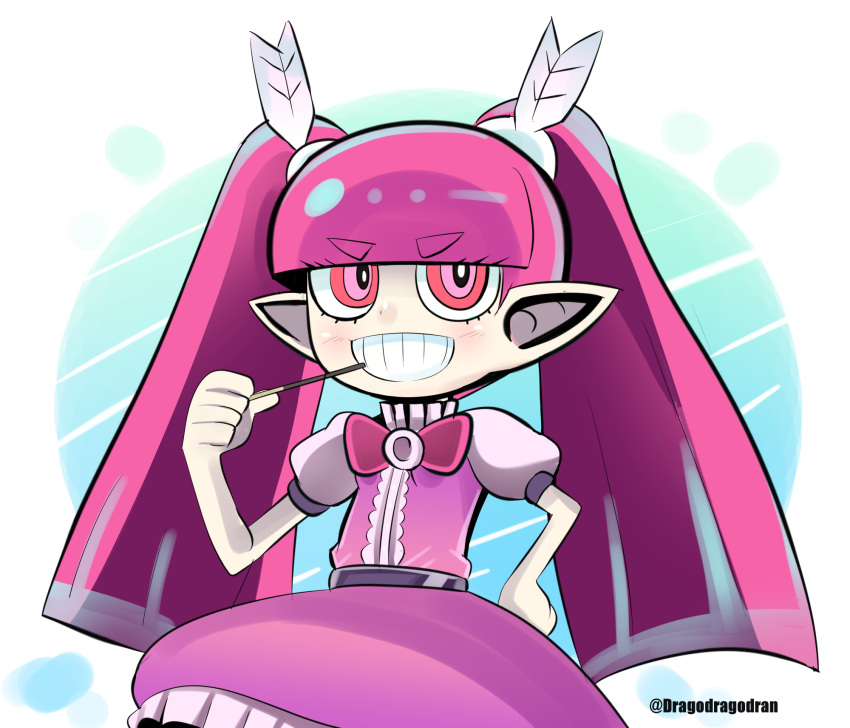 1girl, :d, artist_name, barbatos_bachiko, blunt_bangs, bow, dragodragodran, dress