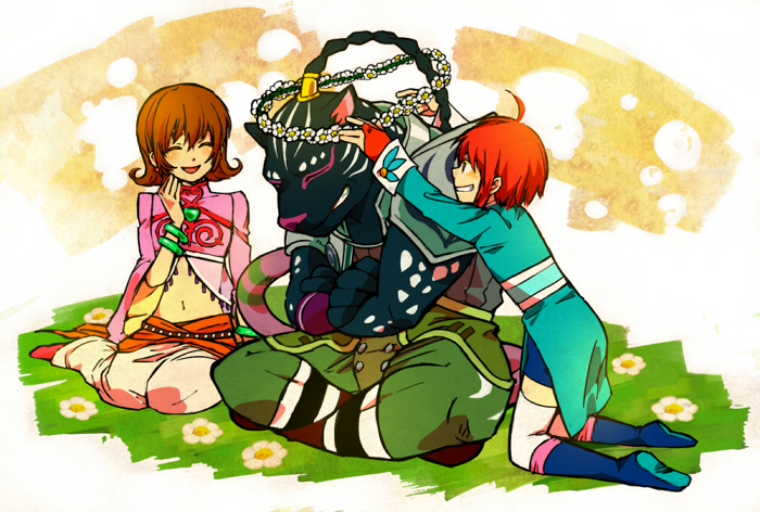 1girl, 2boys, annie_barrs, aqua_tunic, black_panther, blue_pants, blue_shoes, braid