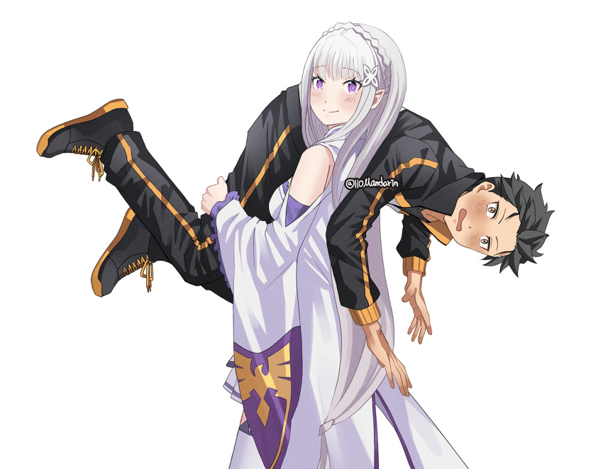 1boy, 1girl, artist_name, carrying, carrying_over_shoulder, carrying_person, dress, elf, emilia_(re:zero), flower, hair_flower, hair_ornament, jacket, mandarin_cookie, natsuki_subaru, pointy_ears, re:zero_kara_hajimeru_isekai_seikatsu, signature, simple_background, track_jacket, track_suit, twitter_username, violet_eyes, white_flower