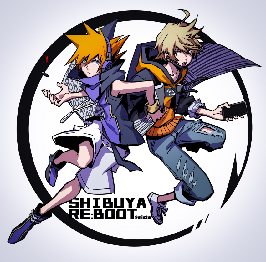 2boys, absurdres, black_jacket, black_shirt, black_shoes, blonde_hair, cellphone, denim