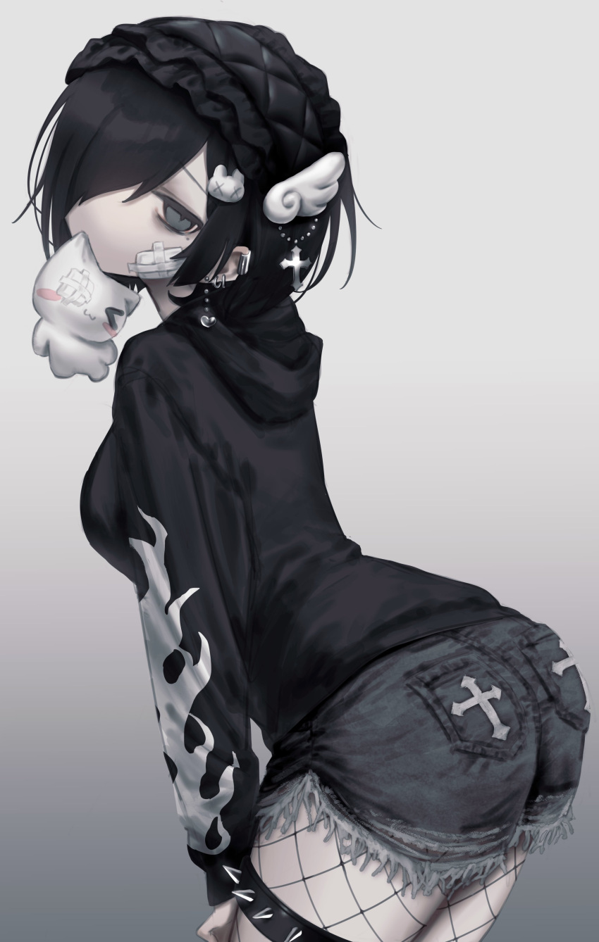 1girl, 666mg, absurdres, ass, black_hair, black_headdress, black_hoodie, black_shorts
