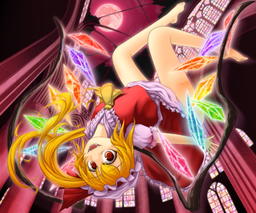 aaku, alucard454, barefoot, blonde_hair, face, fangs, flandre_scarlet, flying