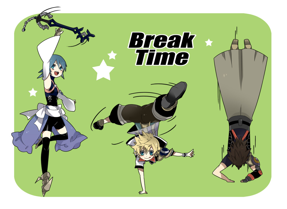 1girl, 2boys, adzuma_nishi, aqua_(kingdom_hearts), arm_up, armor, armored_boots, asymmetrical_armor
