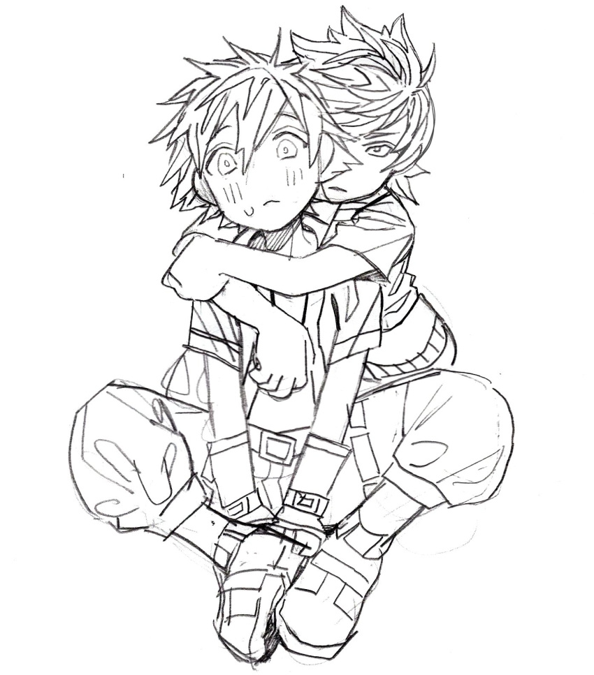 2boys, arms_around_neck, belt, between_legs, commentary, glaring, graphite_(medium), hand_between_legs, highres, hug, hug_from_behind, jacket, kingdom_hearts, kingdom_hearts_ii, light_blush, looking_at_viewer, male_focus, monochrome, multiple_boys, open_clothes, open_jacket, pants, puffy_pants, roxas, short_hair, short_sleeves, sitting, sketch, sora_(kingdom_hearts), spiky_hair, sweatdrop, traditional_media, ubuuugreenie