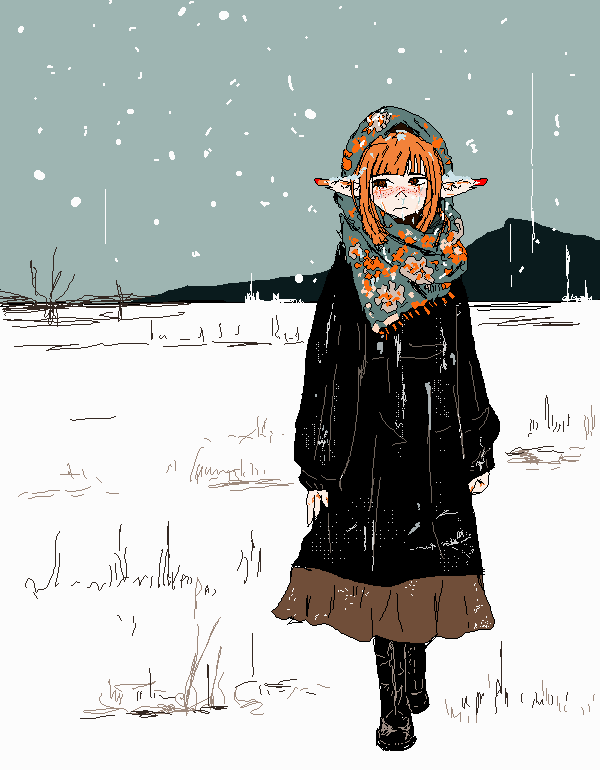 1girl, arms_at_sides, black_boots, black_coat, boots, brown_skirt, clenched_hand, coat