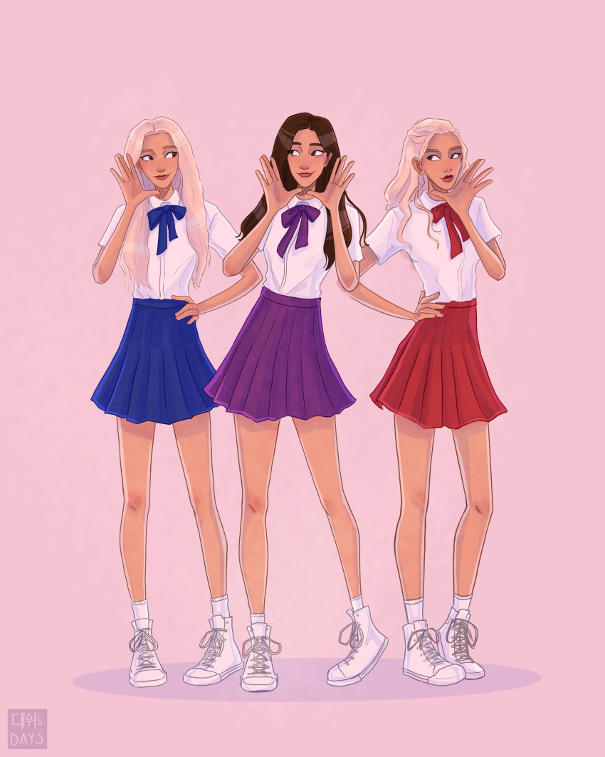 3girls, absurdres, blonde_hair, blue_bow, blue_bowtie, blue_shirt, bow, bowtie, brown_hair, choerry, commentary, daehwisdays, english_commentary, full_body, highres, jinsoul, k-pop, kim_lip, long_hair, looking_at_viewer, loona_(group), multiple_girls, pink_background, purple_bow, purple_bowtie, purple_skirt, real_life, red_bow, red_bowtie, school_uniform, shirt, shoes, simple_background, skirt, watermark, white_shirt, white_shoes