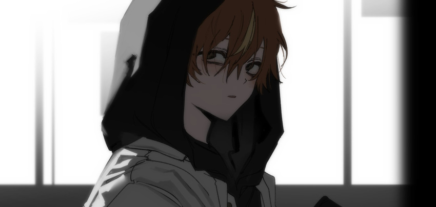 1boy, black_hood, blonde_hair, fake_screenshot, goguma_wagamja, highres, hood, hood_up