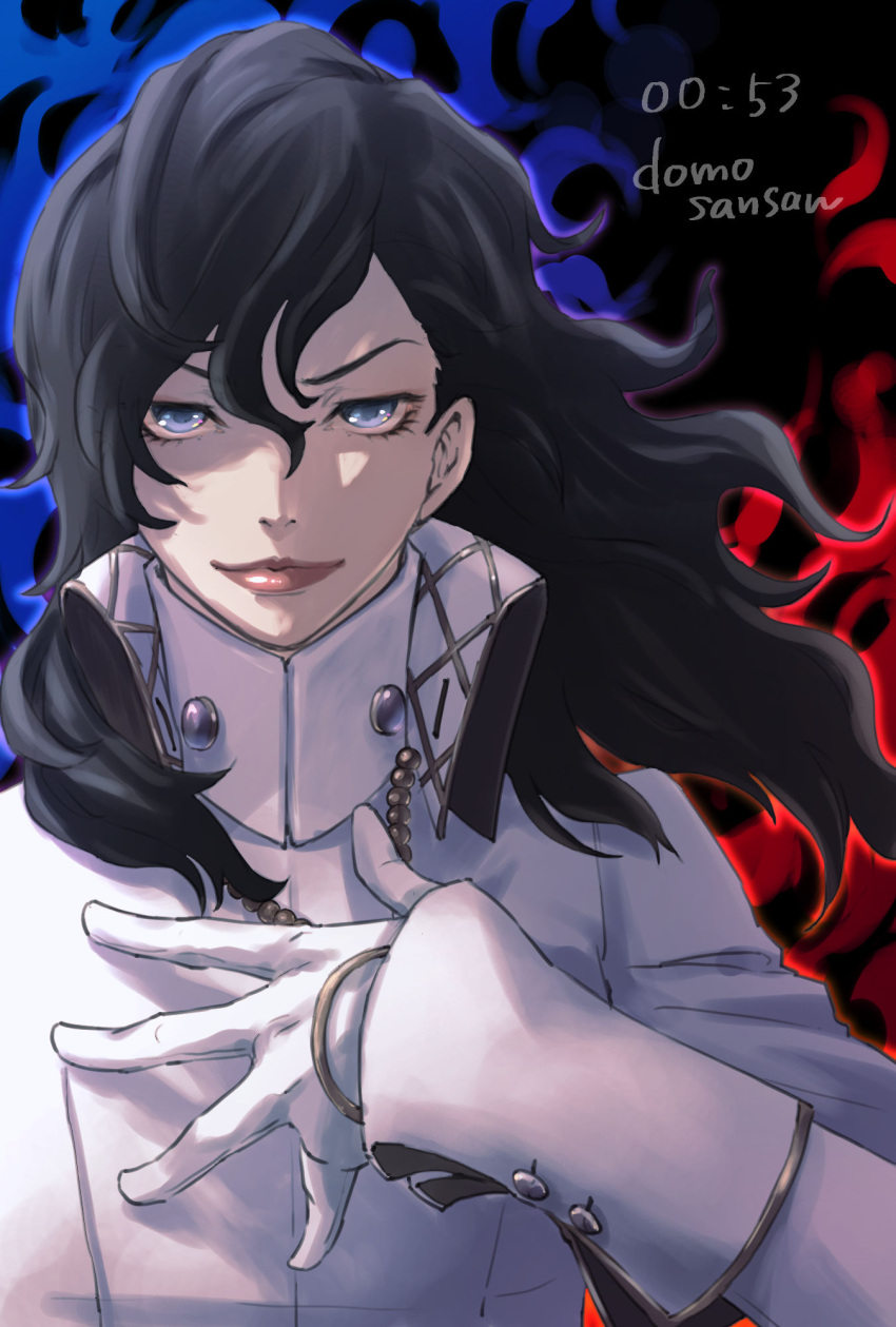 1girl, black_hair, blue_eyes, coat, digital_devil_saga, gloves, hair_between_eyes, hand_on_own_chest