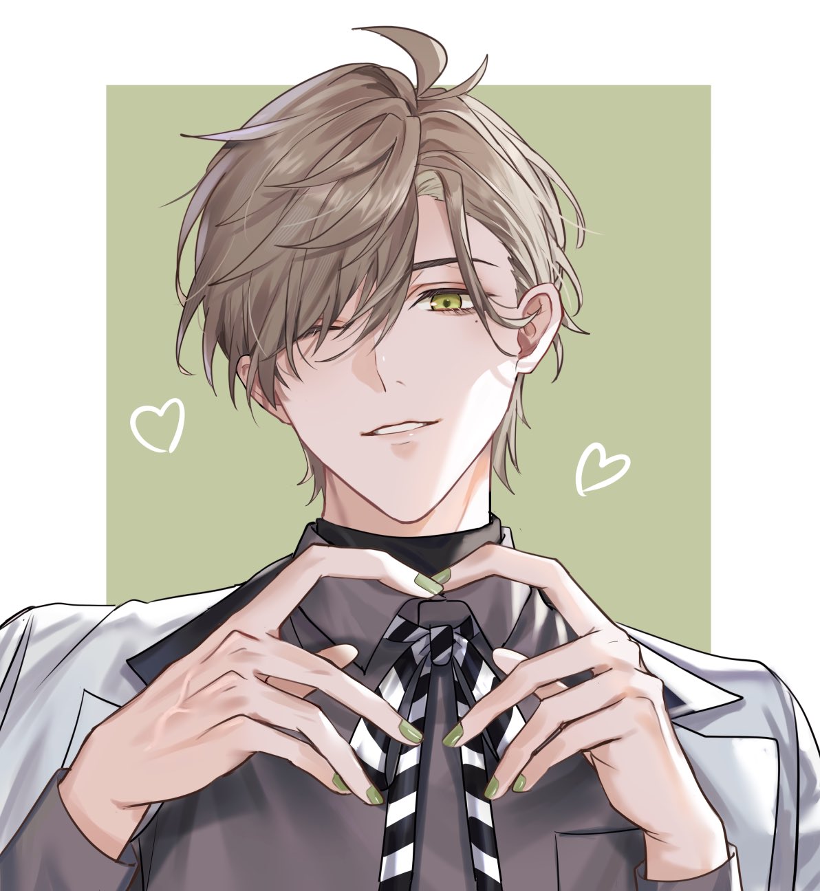 1boy, antenna_hair, black_ribbon, black_shirt, breast_pocket, brown_hair, collared_shirt, commentary