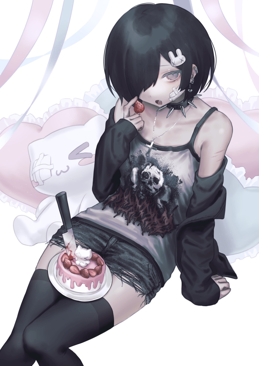 1girl, 666mg, absurdres, bare_shoulders, black_hair, black_jacket, black_thighhighs, blood, blood_on_knife, cake, collar, cross, cross_necklace, denim, denim_shorts, ear_piercing, earclip, earrings, fang, food, fruit, gauze, gauze_on_cheek, gauze_over_eye, hair_ornament, hair_over_one_eye, heart, heart-shaped_pillow, highres, holding, holding_food, holding_fruit, jacket, jewelry, kitchen_knife, knife, mole, necklace, off_shoulder, open_mouth, original, piercing, pillow, print_shirt, rabbit_hair_ornament, shirt, short_hair, shorts, sitting, solo, spaghetti_strap, spiked_collar, spikes, strawberry, streamers, stuffed_animal, stuffed_toy, thigh-highs