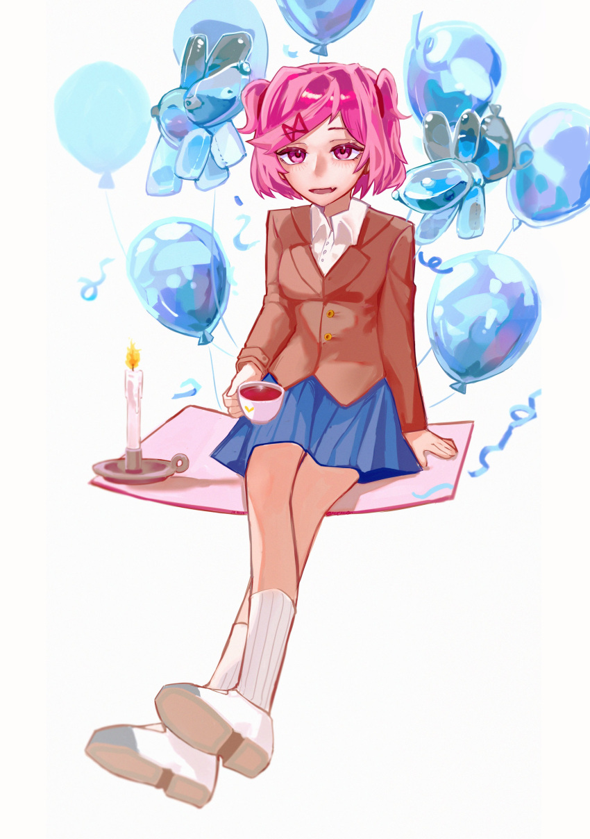 1girl, :d, absurdres, animal_balloon, arm_at_side, balloon, blazer, blue_ribbon