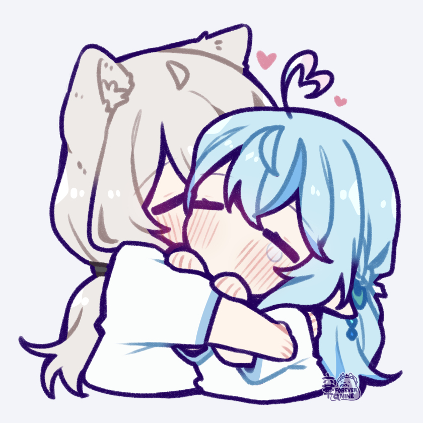 2girls, =_=, ahoge, animal_ears, blue_hair, blush, chibi, chibi_only