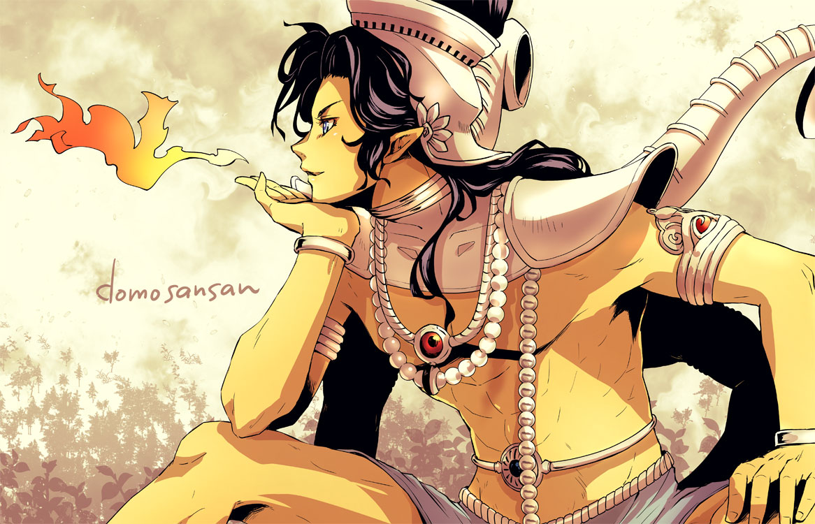 1boy, abs, armlet, armor, black_hair, blue_eyes, bracelet, colored_skin, hand_on_own_chin, hand_on_own_thigh, hand_up, jewelry, long_hair, male_focus, neck_ring, necklace, open_mouth, pointy_ears, shin_megami_tensei, shinabita_nasubi, shoulder_armor, sitting, smile, solo, topless_male, vishnu_(megami_tensei), yellow_skin