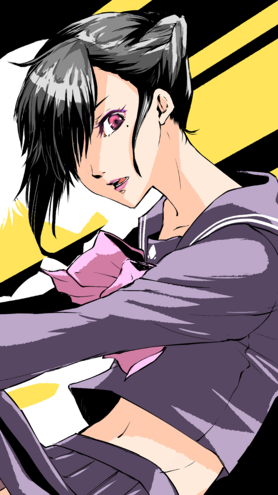 1girl, black_hair, bow, bowtie, eyelashes, hair_over_one_eye, highres, long_sleeves, mole, mole_under_eye, open_mouth, pink_bow, pink_bowtie, pink_eyes, pink_lips, pleated_skirt, purple_sailor_collar, purple_serafuku, purple_shirt, purple_skirt, ryuzouji_rika, sailor_collar, school_uniform, serafuku, shin_megami_tensei, shin_megami_tensei:_liberation_dx2, shinabita_nasubi, shirt, short_hair, skirt, solo, teeth
