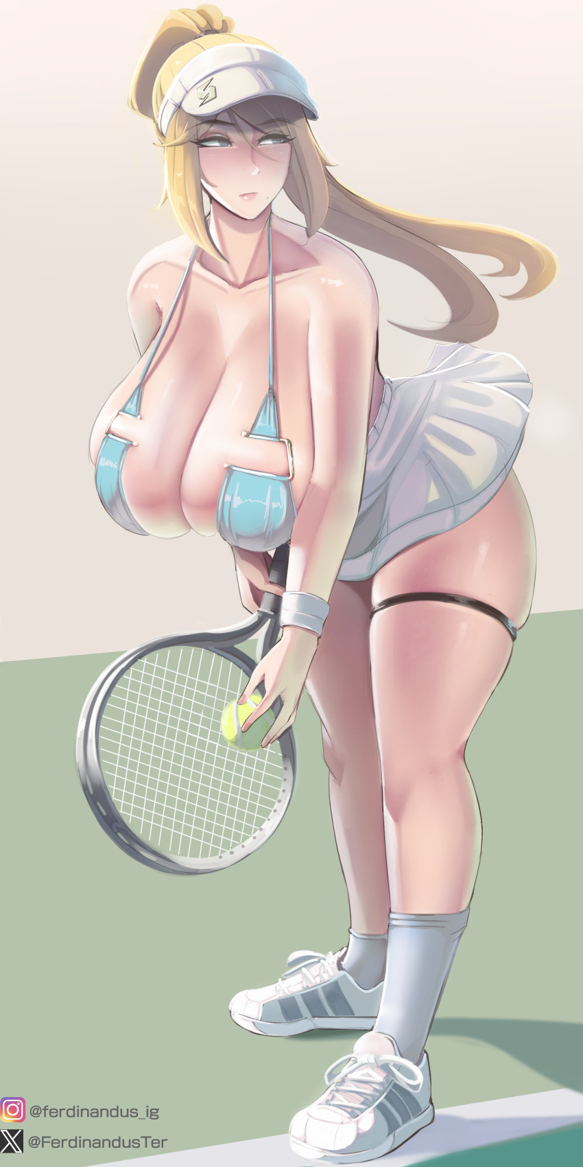 absurdres, ball, breasts, ferdinandus, highres, holding, holding_ball, holding_tennis_racket, huge_breasts, metroid, samus_aran, sportswear, tennis_ball, tennis_uniform, thigh_strap, visor_cap