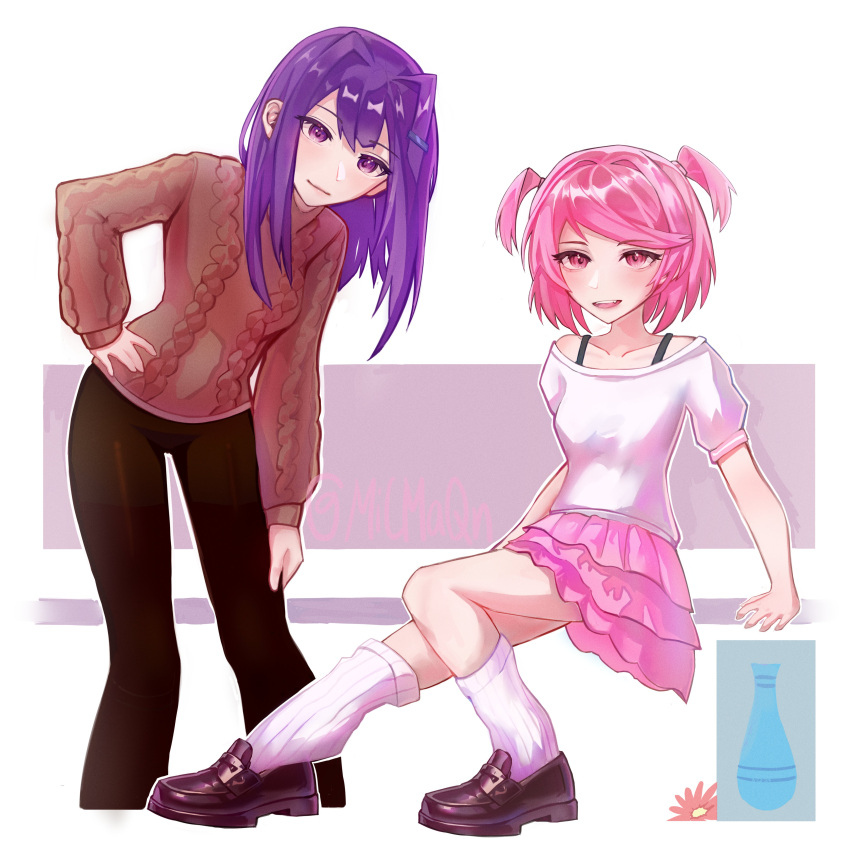 2girls, :d, absurdres, aran_sweater, arm_at_side, bare_shoulders, bench, black_bra