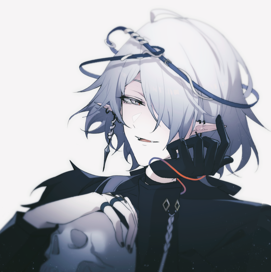 1boy, arknights, black_gloves, duq'arael_(arknights), earclip, earrings, fang, gloves