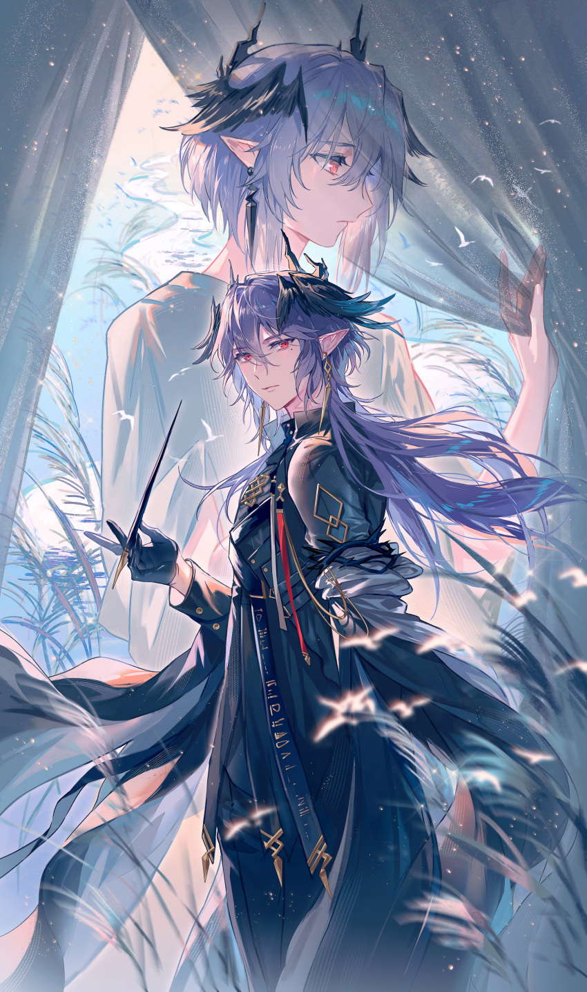 1boy, absurdres, age_comparison, aged_down, arknights, black_coat, black_gloves, black_pants