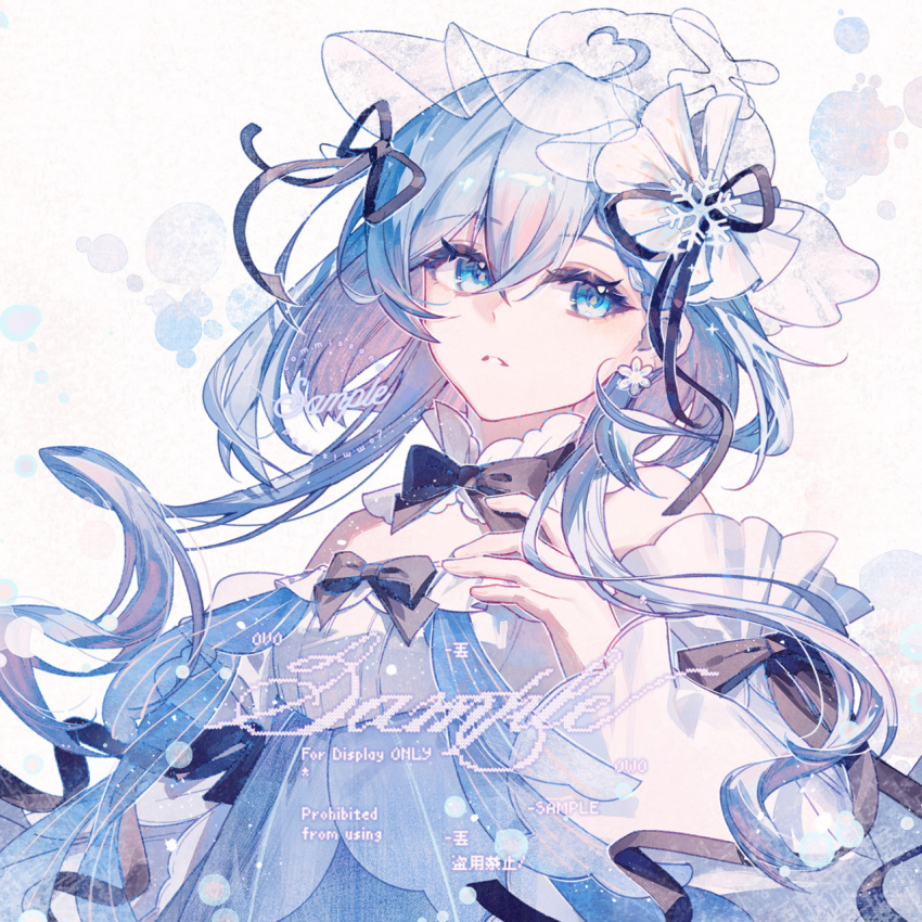 1girl, ahoge, antenna_hair, bare_shoulders, black_bow, black_bowtie, black_ribbon, blue_dress